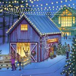 People visit L.L. Bean Northern Lights celebration, enjoying festive reindeer, holiday displays, and decorated trees outside.