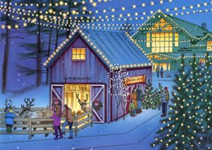 People visit L.L. Bean Northern Lights celebration, enjoying festive reindeer, holiday displays, and decorated trees outside.