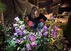 Person wearing red gloves kneels at night in a garden, like those at Freeport Maine inns, tending to blooming purple flowers.