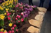 Flower bed with yellow, pink, and purple blooms at a B&B; people enjoy a spring getaway in the background.