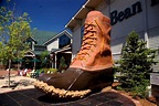 A large outdoor L.L. Bean boot sculpture stands outside the store—an iconic stop near many bed and breakfasts in Freeport, Maine.