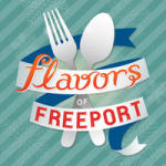 Logo with a fork and spoon behind a ribbon reading "Flavors of Freeport"—perfect for your visit Freeport plans.